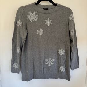 Talbots Womens Gray Crew Neck Silver Snowflake Holiday Sweater Size SP Petite